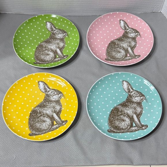Set of Four Bia Cordon Bleu Snow Woodland Bunny Rabbit Polka Dot Rabbit Plates - Picture 1 of 10